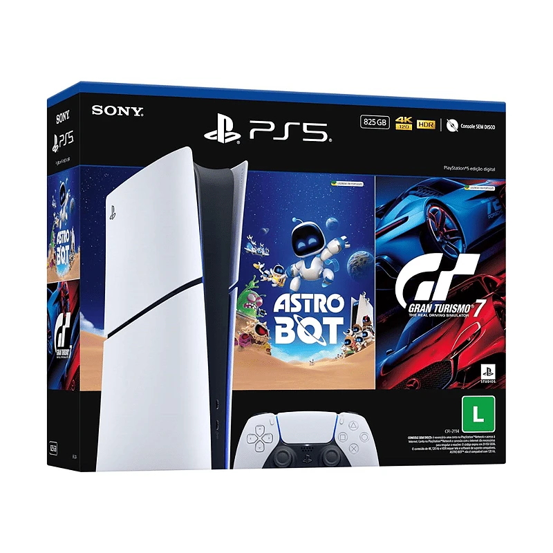 PS5 Slim Digital — pacote Astro Bot e Gran Turismo 7, produto representativo da seleção
